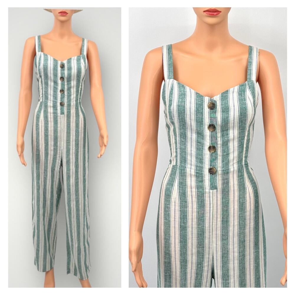 Womens Linen Blend Jumpsuit M Kelly Green Striped Wide Leg Sleeveless Tie Back - Picture 10 of 11